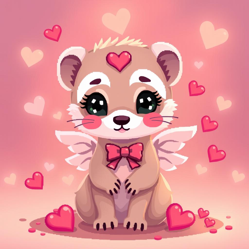 A pixel art ferret character styled as Cupid, depicted in a warm, cozy light, surrounded by hearts and soft pastel colors