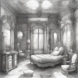 Create a pen drawing image of a 'Dreamroom' in fantasy style, abounding with enchanted furniture, mythical creatures, magic-infused elements, and improbable architecture that's beyond the realm of reality, all captured within the confines of a seemingly normal room