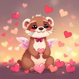 A pixel art ferret character styled as Cupid, depicted in a warm, cozy light, surrounded by hearts and soft pastel colors