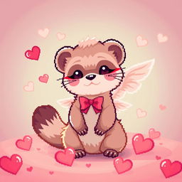 A pixel art ferret character styled as Cupid, depicted in a warm, cozy light, surrounded by hearts and soft pastel colors