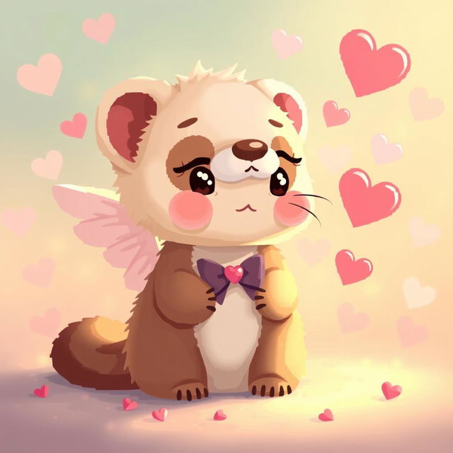 A pixel art ferret character styled as Cupid, depicted in a warm, cozy light, surrounded by hearts and soft pastel colors