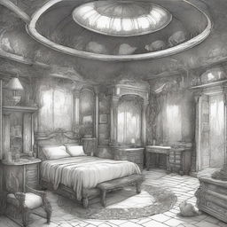 Create a pen drawing image of a 'Dreamroom' in fantasy style, abounding with enchanted furniture, mythical creatures, magic-infused elements, and improbable architecture that's beyond the realm of reality, all captured within the confines of a seemingly normal room