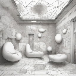 Create a conceptual pen drawing of a 'Dreamroom', where abstract ideas materialize as tangible objects, metaphysical entities, warped dimensions, and non-euclidean architecture, all encapsulated within an ordinary room boundary