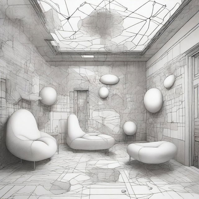 Create a conceptual pen drawing of a 'Dreamroom', where abstract ideas materialize as tangible objects, metaphysical entities, warped dimensions, and non-euclidean architecture, all encapsulated within an ordinary room boundary