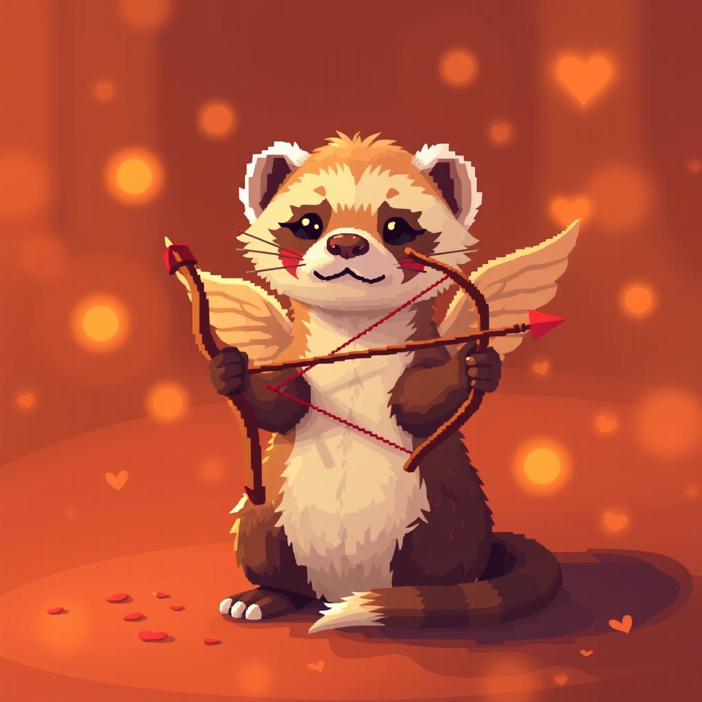 A pixel art depiction of a ferret styled as Cupid, surrounded by warm orange light creating a cozy atmosphere