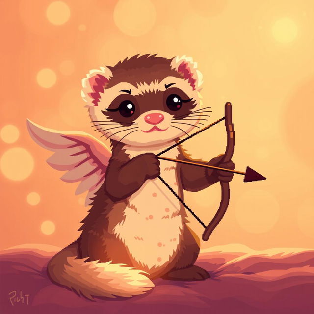 A pixel art depiction of a ferret styled as Cupid, surrounded by warm orange light creating a cozy atmosphere