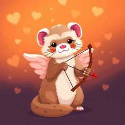 A pixel art depiction of a ferret styled as Cupid, surrounded by warm orange light creating a cozy atmosphere