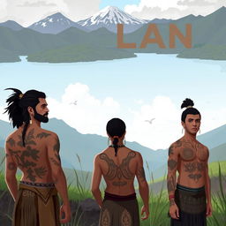 A respectful and artistic representation of Maori culture, featuring stylized imagery of Maori individuals in a natural setting, celebrating their heritage