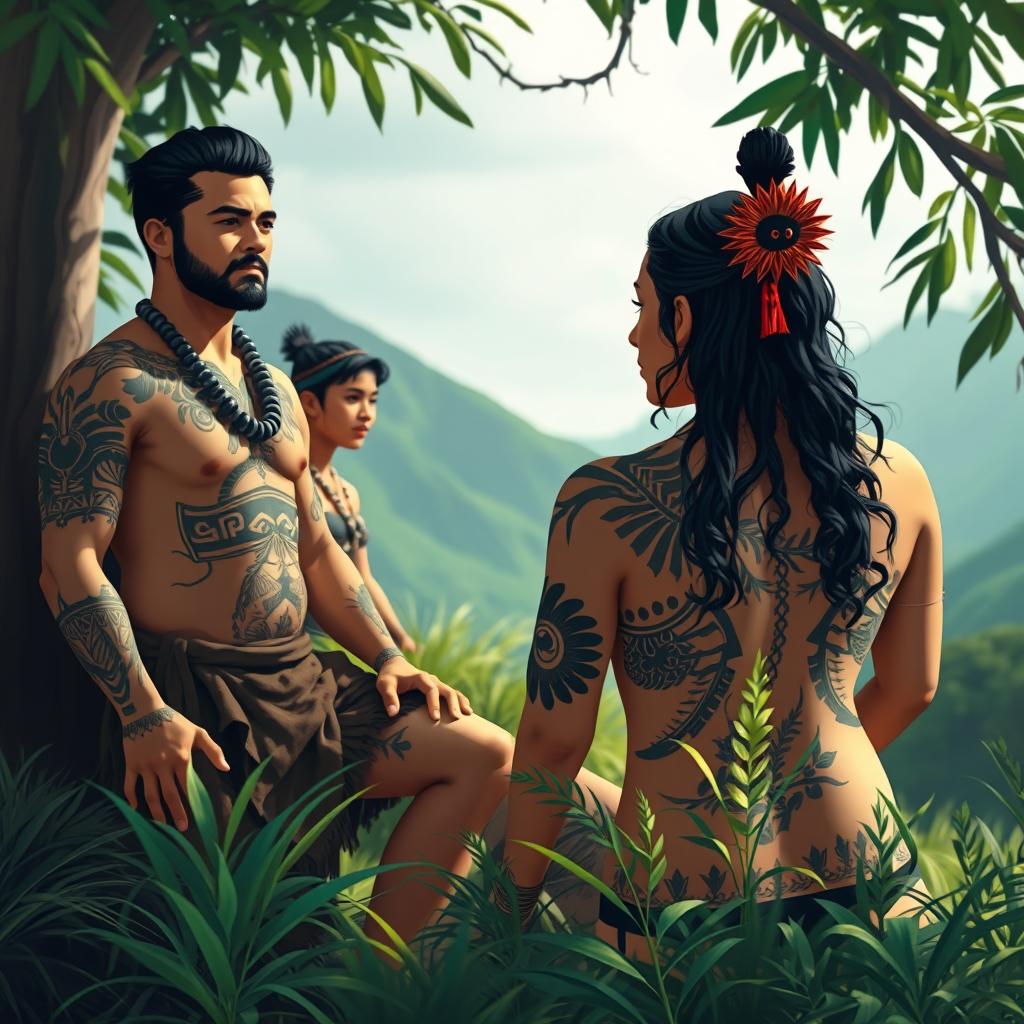 A respectful and artistic representation of Maori culture, featuring stylized imagery of Maori individuals in a natural setting, celebrating their heritage