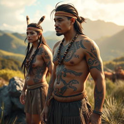 A respectful and artistic representation of Maori culture, featuring stylized imagery of Maori individuals in a natural setting, celebrating their heritage