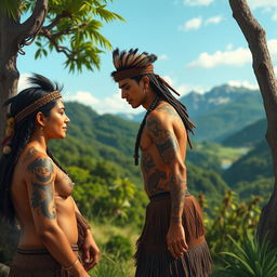 A respectful and artistic representation of Maori culture, featuring stylized imagery of Maori individuals in a natural setting, celebrating their heritage