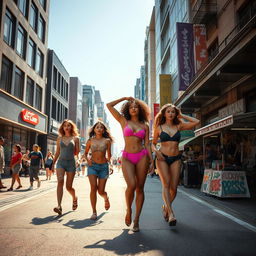 A vibrant street scene featuring semi-nude women confidently walking down an urban avenue, surrounded by modern buildings and bustling city life