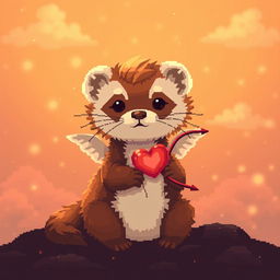 Pixel art of a ferret dressed as Cupid, surrounded by warm orange light, creating a cozy atmosphere