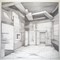 Create a conceptual pen drawing of a 'Dreamroom', where abstract ideas materialize as tangible objects, metaphysical entities, warped dimensions, and non-euclidean architecture, all encapsulated within an ordinary room boundary