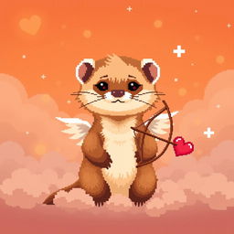 Pixel art of a ferret dressed as Cupid, surrounded by warm orange light, creating a cozy atmosphere