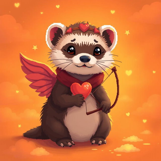 Pixel art of a ferret dressed as Cupid, surrounded by warm orange light, creating a cozy atmosphere