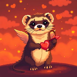 Pixel art of a ferret dressed as Cupid, surrounded by warm orange light, creating a cozy atmosphere