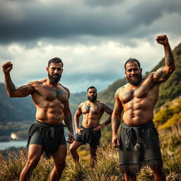 A dynamic and respectful artistic representation of Maori men showcasing their impressive physiques, celebrating their heritage and strength