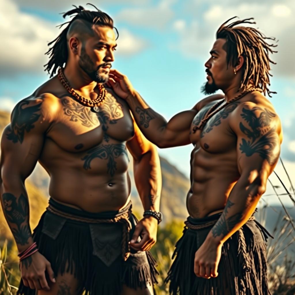 A dynamic and respectful artistic representation of Maori men showcasing their impressive physiques, celebrating their heritage and strength