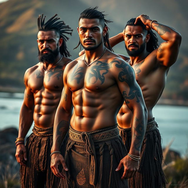 A dynamic and respectful artistic representation of Maori men showcasing their impressive physiques, celebrating their heritage and strength