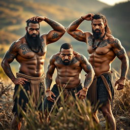 A dynamic and respectful artistic representation of Maori men showcasing their impressive physiques, celebrating their heritage and strength