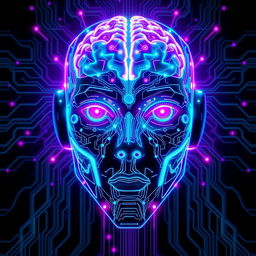 A stunning visual of a futuristic robot face featuring intricate neural network patterns that glow in radiant neon blue and purple hues