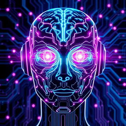 A stunning visual of a futuristic robot face featuring intricate neural network patterns that glow in radiant neon blue and purple hues