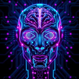 A stunning visual of a futuristic robot face featuring intricate neural network patterns that glow in radiant neon blue and purple hues