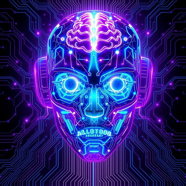 A stunning visual of a futuristic robot face featuring intricate neural network patterns that glow in radiant neon blue and purple hues