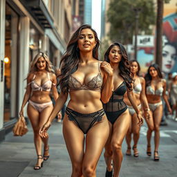 A dynamic street scene with women elegantly walking through the city in sexy lingerie, showcasing their confidence and style