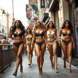 A dynamic street scene with women elegantly walking through the city in sexy lingerie, showcasing their confidence and style