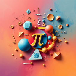 An abstract representation of mathematics, showcasing various mathematical symbols and equations like pi, integral signs, and square roots, intertwined with geometric shapes such as circles, triangles, and fractals, set against a vibrant background of gradient colors and textures