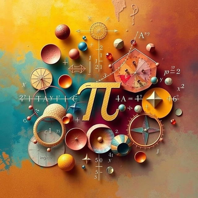 An abstract representation of mathematics, showcasing various mathematical symbols and equations like pi, integral signs, and square roots, intertwined with geometric shapes such as circles, triangles, and fractals, set against a vibrant background of gradient colors and textures