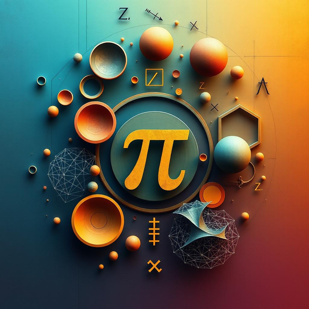 An abstract representation of mathematics, showcasing various mathematical symbols and equations like pi, integral signs, and square roots, intertwined with geometric shapes such as circles, triangles, and fractals, set against a vibrant background of gradient colors and textures