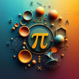 An abstract representation of mathematics, showcasing various mathematical symbols and equations like pi, integral signs, and square roots, intertwined with geometric shapes such as circles, triangles, and fractals, set against a vibrant background of gradient colors and textures