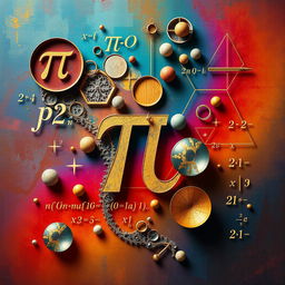 An abstract representation of mathematics, showcasing various mathematical symbols and equations like pi, integral signs, and square roots, intertwined with geometric shapes such as circles, triangles, and fractals, set against a vibrant background of gradient colors and textures