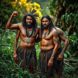An artistic representation of Maori men in a natural setting, celebrating their cultural heritage and showcasing their traditional tattoos