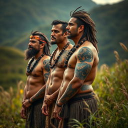 An artistic representation of Maori men in a natural setting, celebrating their cultural heritage and showcasing their traditional tattoos