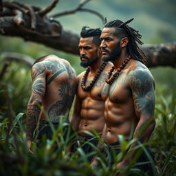 An artistic representation of Maori men in a natural setting, celebrating their cultural heritage and showcasing their traditional tattoos