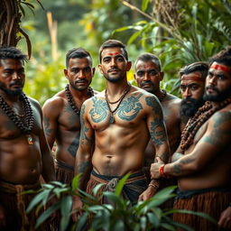 An artistic representation of Maori men in a natural setting, celebrating their cultural heritage and showcasing their traditional tattoos