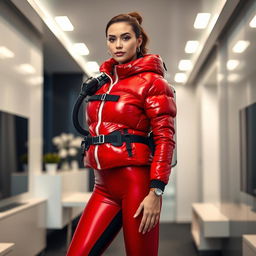 A fashionable woman in a shiny red puffy immersion suit, equipped with rebreather gear, standing confidently in a modern and stylish room