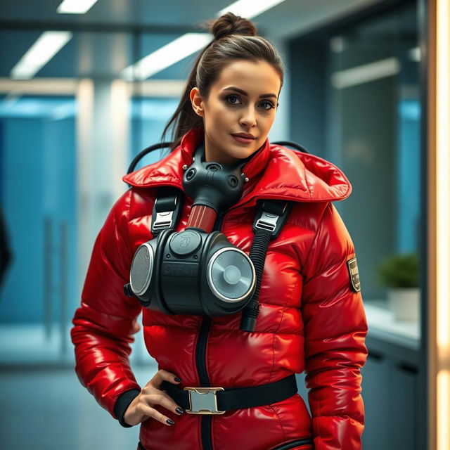 A fashionable woman in a shiny red puffy immersion suit, equipped with rebreather gear, standing confidently in a modern and stylish room