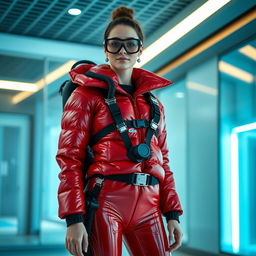 A fashionable woman in a shiny red puffy immersion suit, equipped with rebreather gear, standing confidently in a modern and stylish room