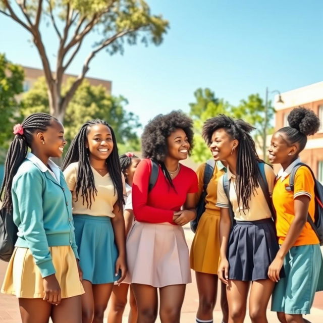 A vibrant and dynamic scene featuring a diverse group of young Black girls happily interacting with each other in stylish school uniforms