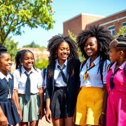 A vibrant and dynamic scene featuring a diverse group of young Black girls happily interacting with each other in stylish school uniforms