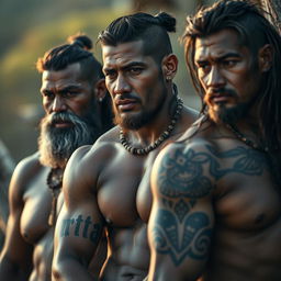 A powerful and artistic representation of Maori men, focusing on individuals with muscular builds and visible body hair, showcasing their traditional tattoos that signify personal and cultural identity