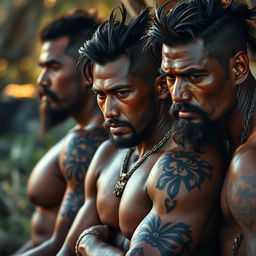 A powerful and artistic representation of Maori men, focusing on individuals with muscular builds and visible body hair, showcasing their traditional tattoos that signify personal and cultural identity