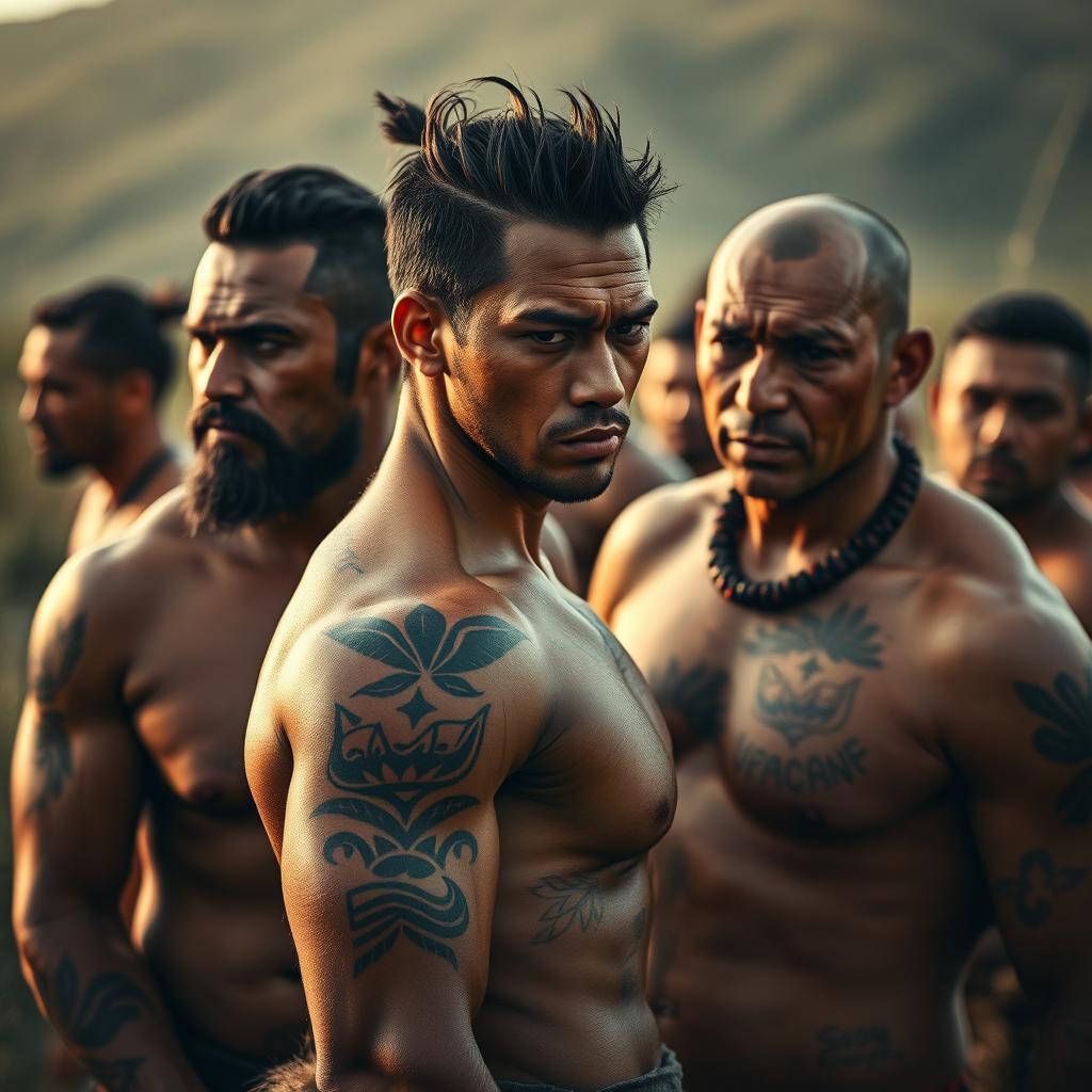 A powerful and artistic representation of Maori men, focusing on individuals with muscular builds and visible body hair, showcasing their traditional tattoos that signify personal and cultural identity