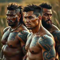 A powerful and artistic representation of Maori men, focusing on individuals with muscular builds and visible body hair, showcasing their traditional tattoos that signify personal and cultural identity