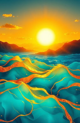 An artistic interpretation titled 'Along the Moving Sun', featuring a captivating landscape where the sun glows with warm golden hues